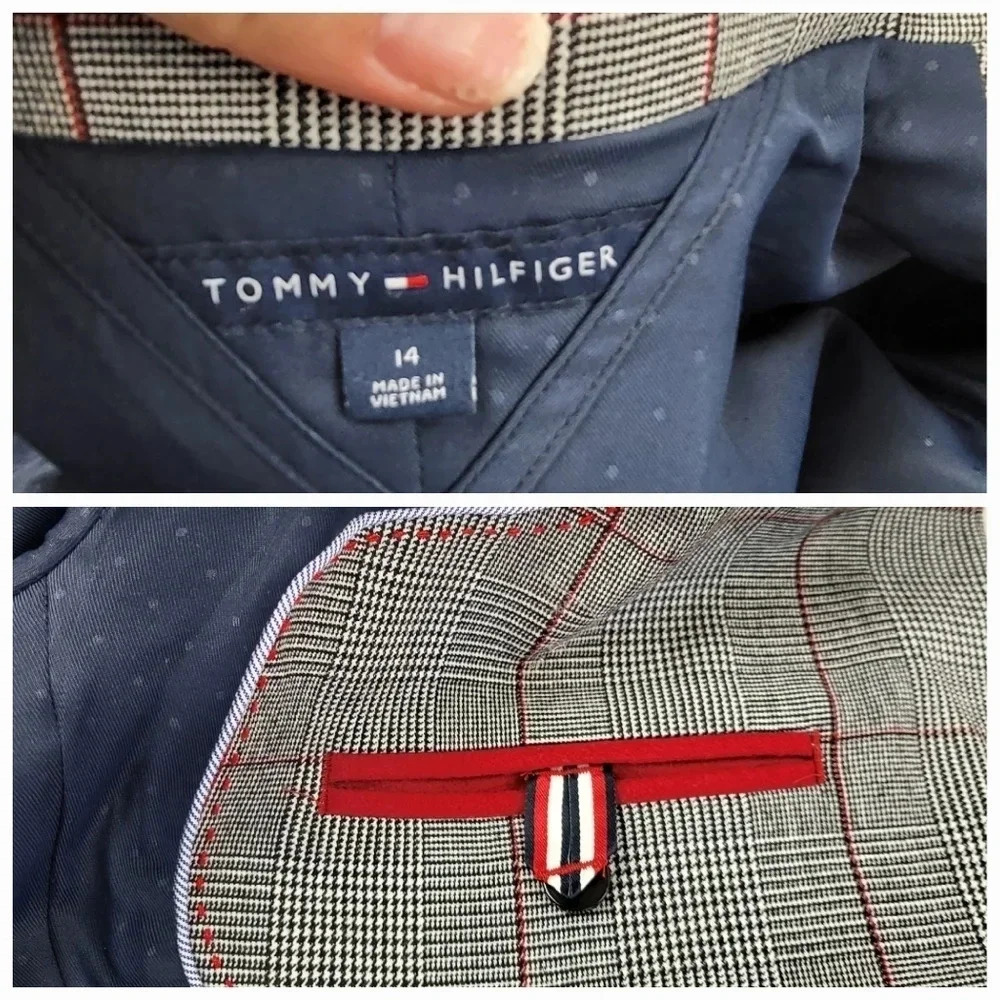 TOMMY HILFIGER Gray Plaid Two Button Blazer Jacket Sz 14 Business Casual Office - Picture 13 of 15